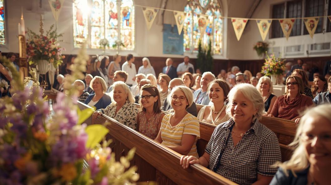 Smiling families in church celebrating Mother’s Day with flowers and banners.