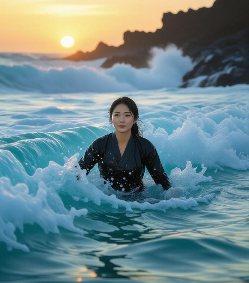 haenyeo woman emerging from Jeju's turquoise ocean