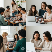A vibrant, split-panel photograph capturing the essence of mothers building religious community online.