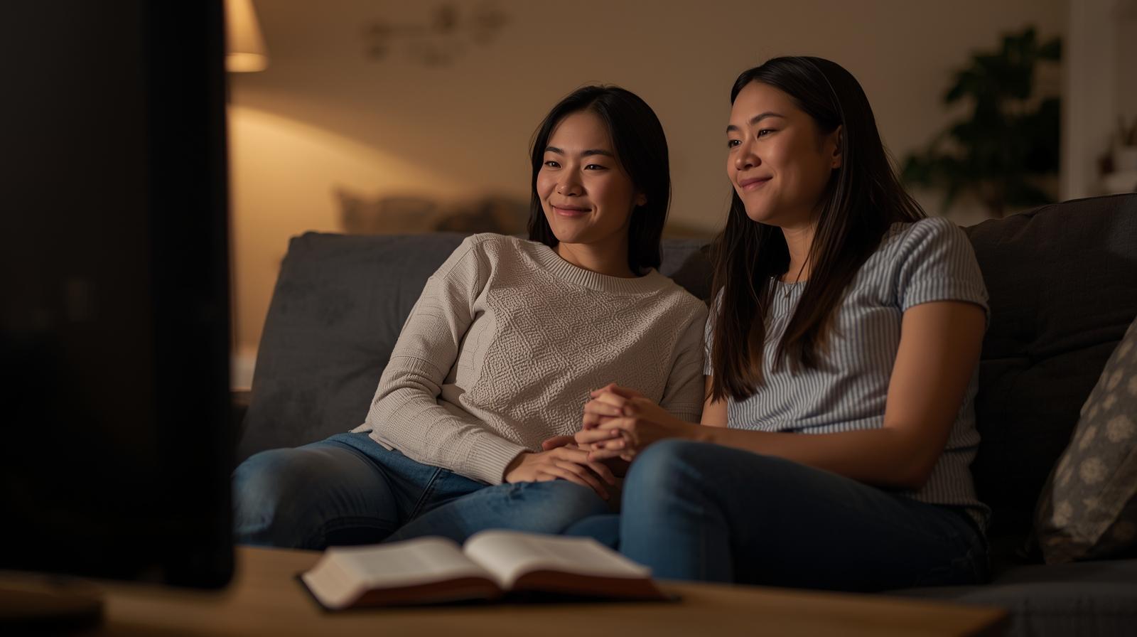 Mother and daughter watching TV beside an open Bible in cozy home.