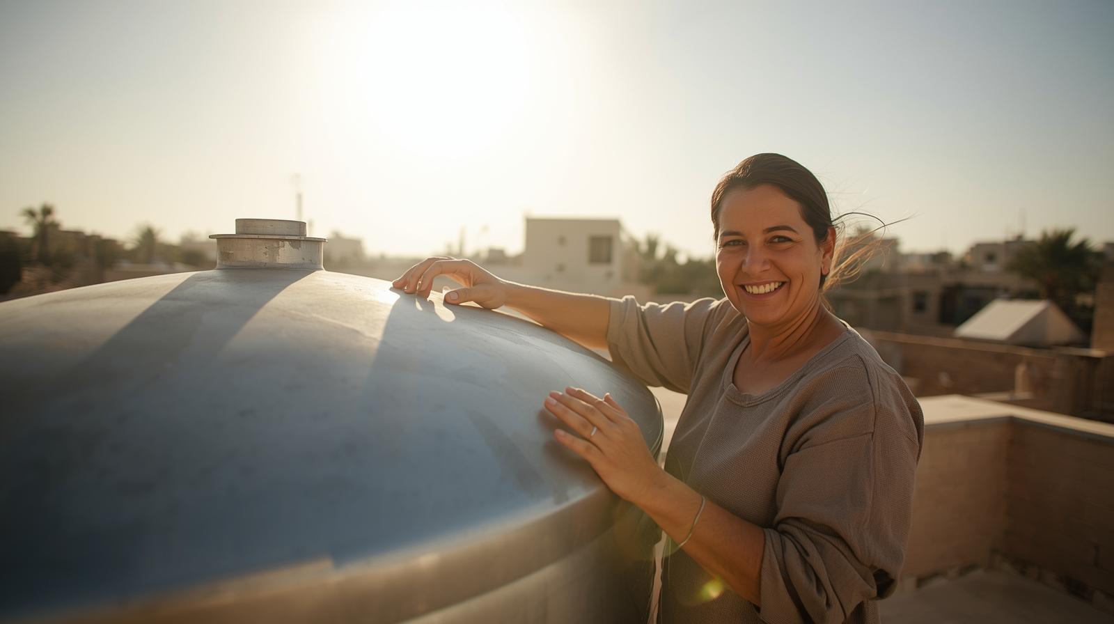Mother checking rooftop water tank under warm sunlight in peaceful family neighborhood setting.