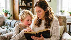 A mother and child reading a Bible together in a cozy home setting