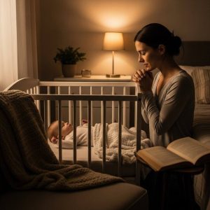 A peaceful home scene with a mother praying quietly while her child sleeps nearby