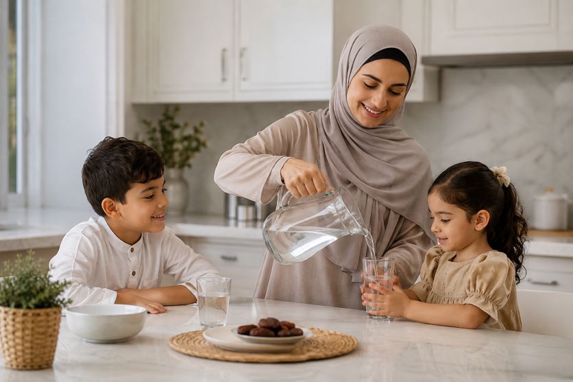 mother in a modern kitchen pouring clean water into glasses for her children