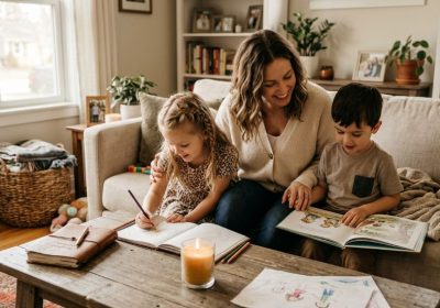 A mother spending peaceful family time with children at home
