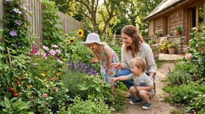 Mother and young children exploring a small family garden, observing plants and insects together, warm peaceful home environment